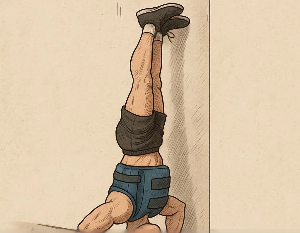Doing handstand push-ups vertically with feet against the wall.