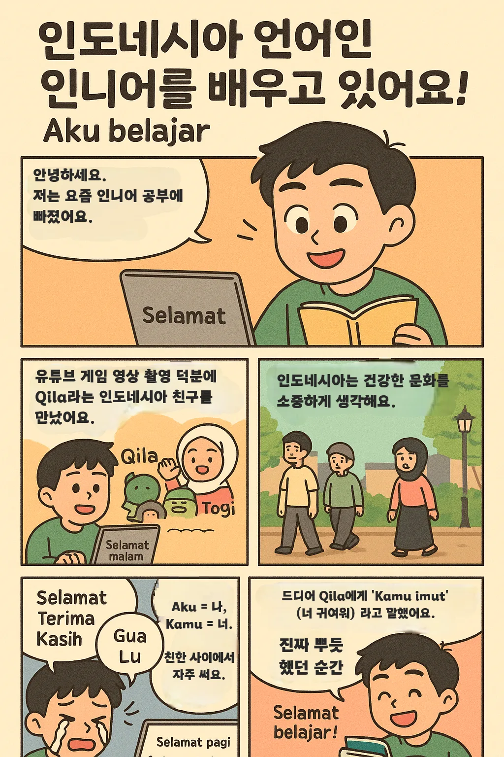 인도네시아 언어인 인니어를 배우고 있어요! Aku belajar!