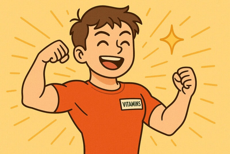 ビタミンの過剰摂取を警告する親しみやすいイラスト。健康的なサプリメント摂取の重要性を強調しています。