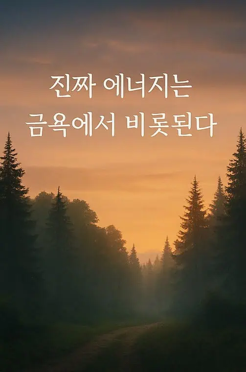 '진짜 에너지는 금욕에서 비롯된다'라는 문구와 함께 광활한 숲을 표현한 이미지가 있다.