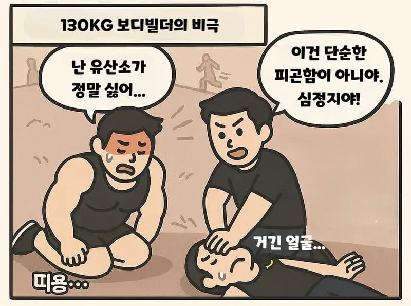 130KG의 보디빌더가 지쳐서 쓰러져있는데, 심폐소생술을 하는 주인공.