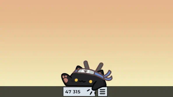 검정색 닌자 고양이가 밑을 두드리고 있다. 닌자 써클렛을 끼고 있다.