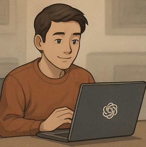 Ilustrasi pria yang tersenyum nyaman sambil menatap laptop.