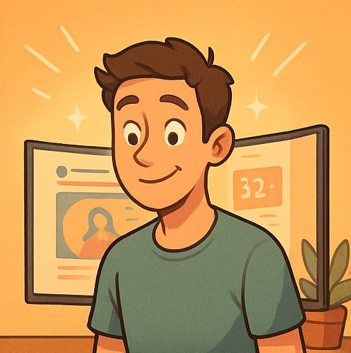 目がキラキラと輝き、嬉しそうな表情の男性のイラスト。