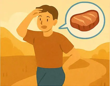 길에서 조깅을 하다가 고기를 생각하는 일러스트.