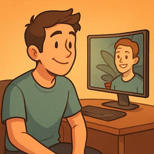 モニターを見て満足げな表情の男性のイラスト。