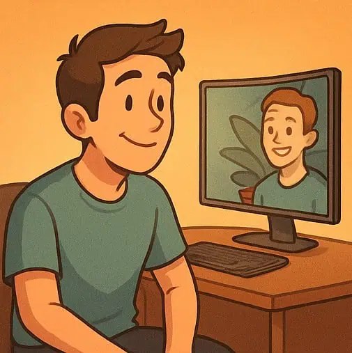 모니터를 보며 흐뭇해 하는 남성의 일러스트.