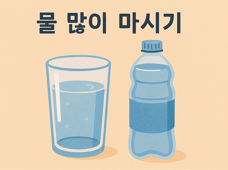 가득 채워진 물 컵과 그 옆에는 생수 병이 있다.
