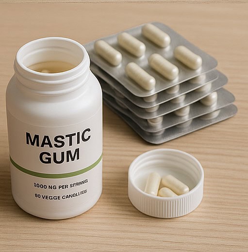 包装された錠剤とサプリボトル、そして個別に置かれたカプセル。