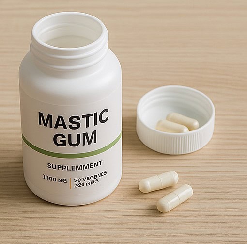 「MASTIC GUM」と書かれたサプリボトルと、その横のカプセル。