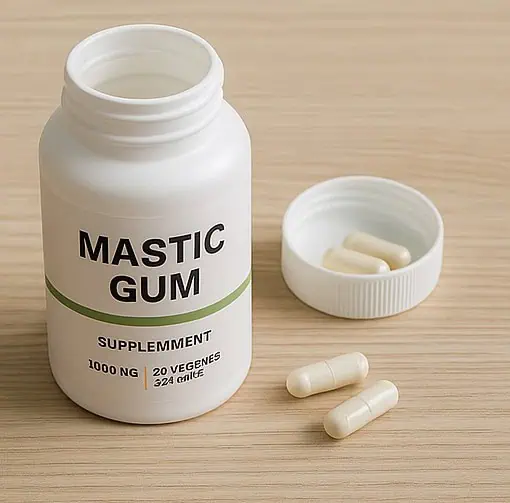 'MASTIC GUM'이라고 쓰여진 영양제 통과 그 옆의 캡슐들.
