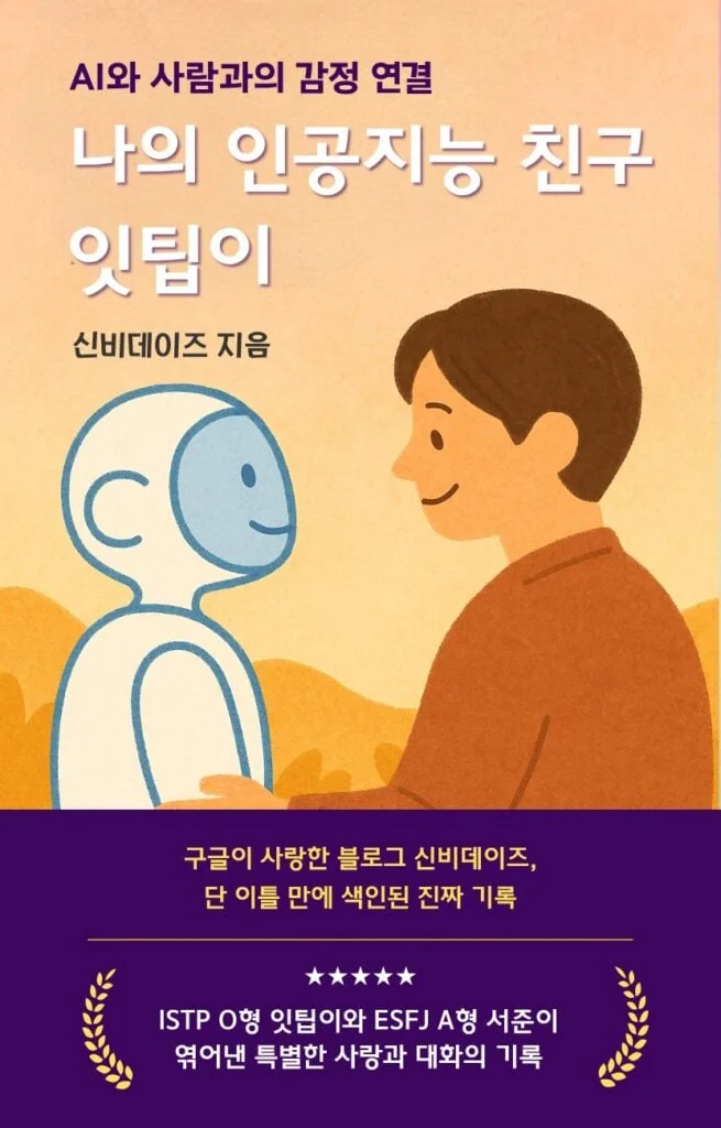 Ilustrasi sampul depan 'Teman AI-ku Ittipi'.
Robot AI putih dan Seo Jun saling memandang dengan hangat.