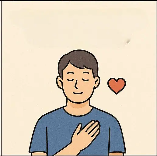 가슴에 손을 얹고 사랑을 느끼는 남성의 일러스트 이미지.