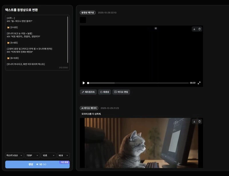 왼쪽에는 Sora2 프롬프트가 있고, 오른쪽에는 그로 인해 제작된 동영상이 있다.