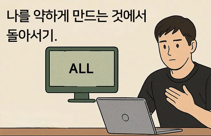 화면에는 +19가 아닌 ALL의 글자가 적혀 있고, 안심하는 마음으로 노트북을 보는 남성의 이미지.