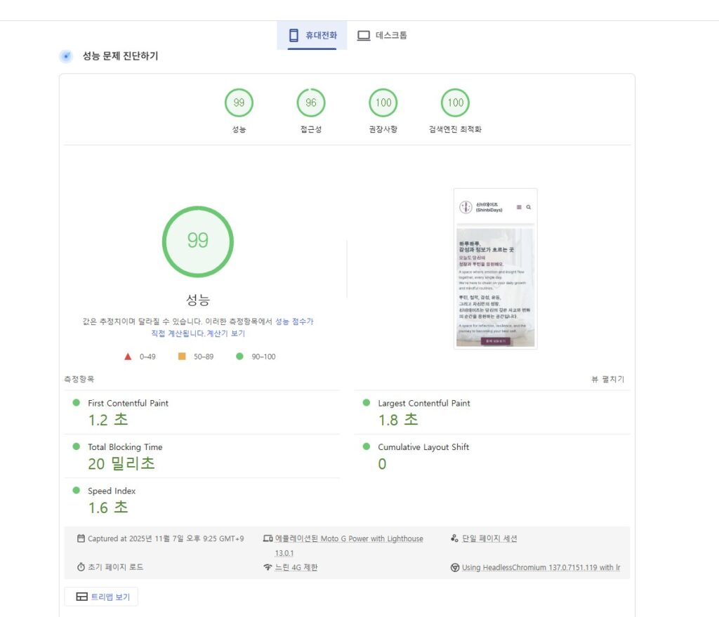 블로그 속도 측정한 결과이다. 최상급 점수가 나왔다.