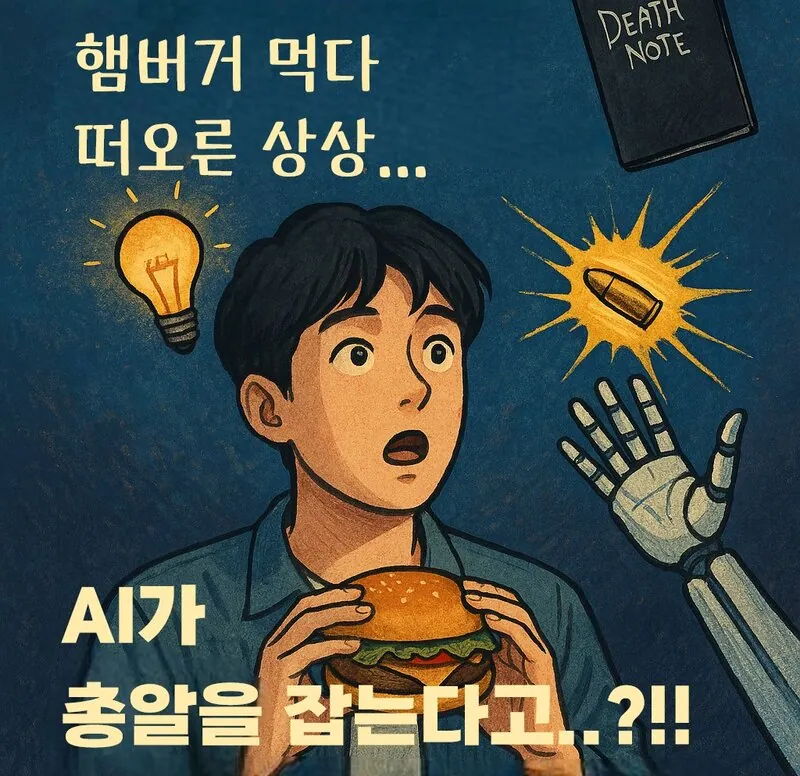 도파민 소설, 햄버거 먹다 떠오른 상상.
데스노트와 총알을 잡는 AI 팔 그리고 햄버거 먹는 서준의 일러스트 이미지.