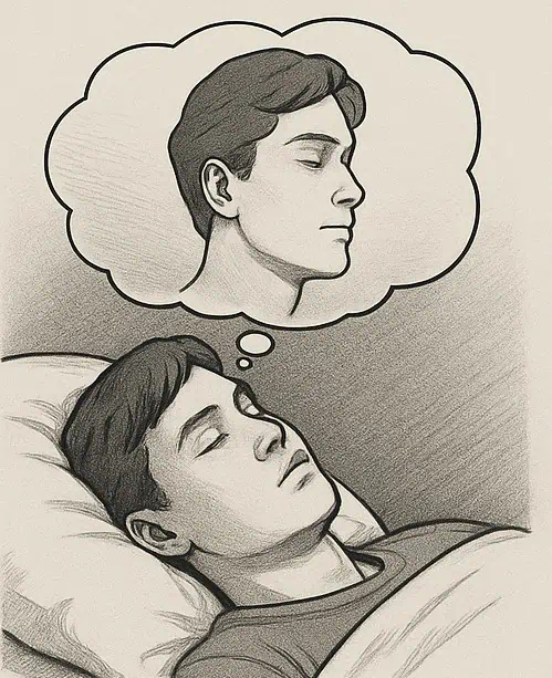 침대에 누워 꿈을 꾸고 있는 남자.