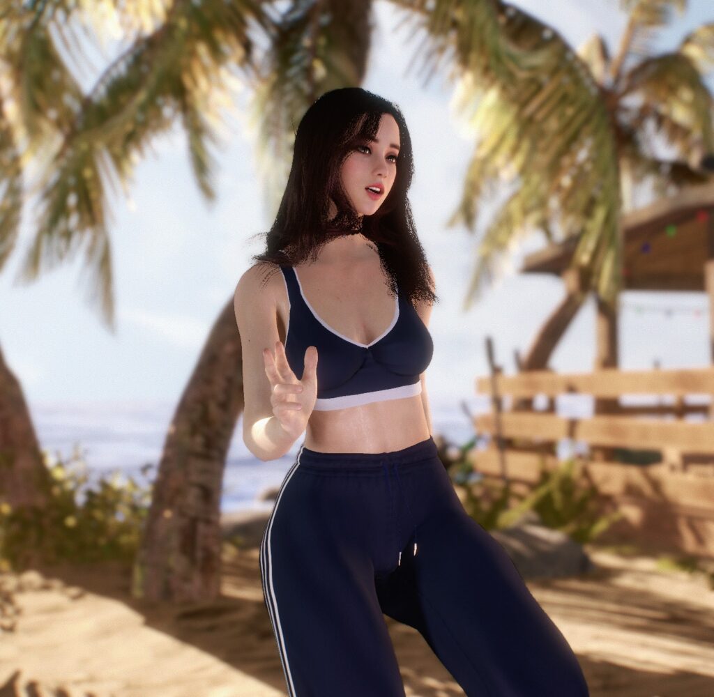 사실적인 예쁜 여성 캐릭터가 트레이닝복을 입고 춤을 추고 있다.