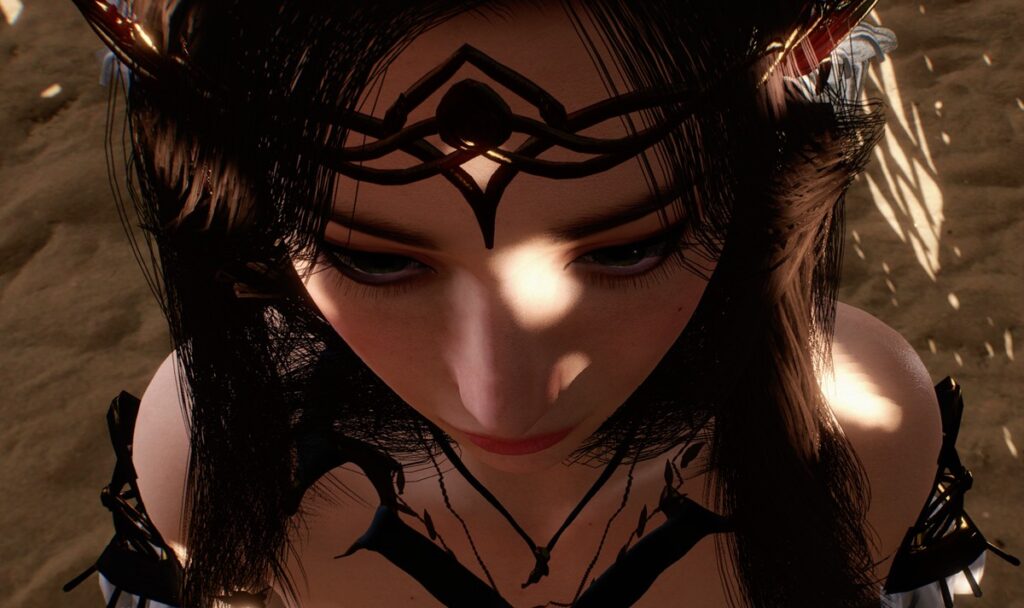 여성 캐릭터가 차렷 자세로 귀엽게 아래를 보고 있다.