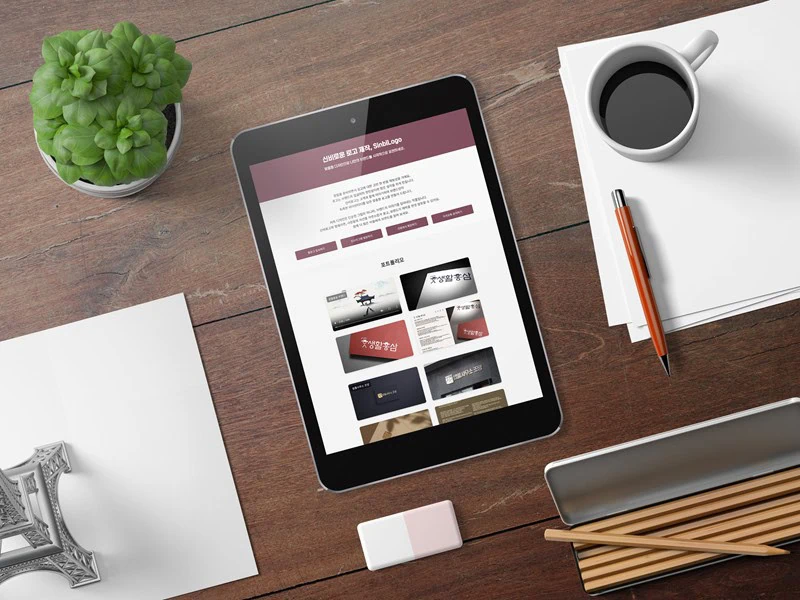 제작한 홈페이지를 태블릿 화면을 통해 보고 있다.