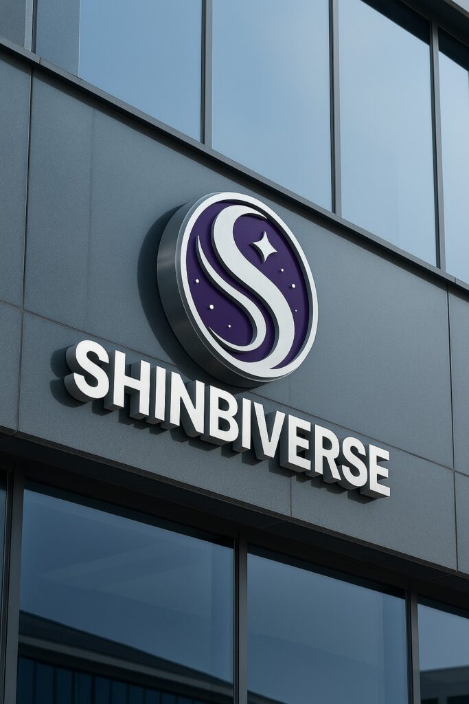 SHINBIVERSE 로고가 그려진 간판 이미지. 우아하고 고급스러운 보라색으로 이루어져 있다.