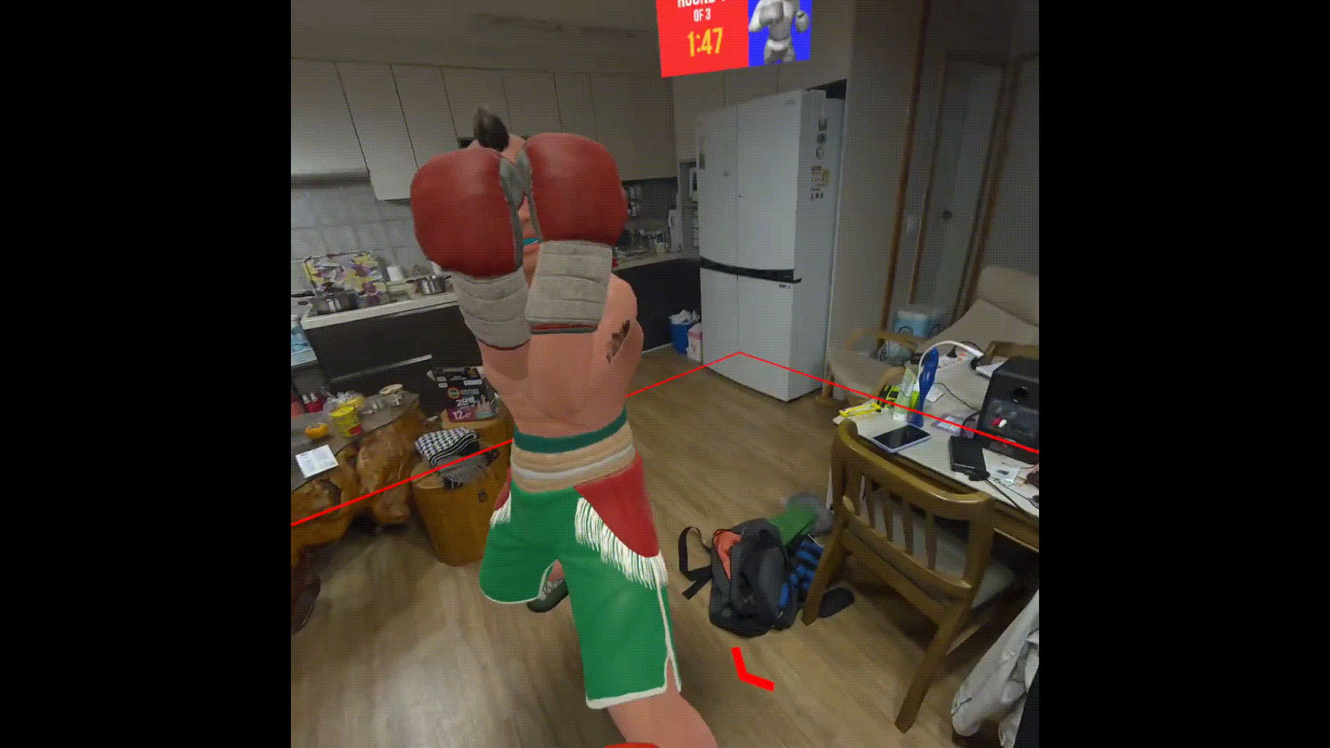 더킹을 반대 방향으로 해서 주먹을 흘린 뒤 연속 카운터로 KO 시키는 장면.