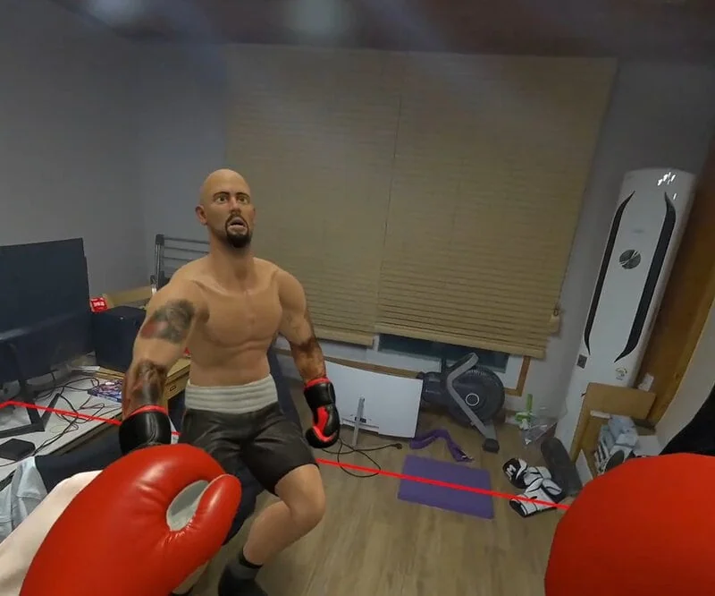 쓰러지는 상대 더미 선수.