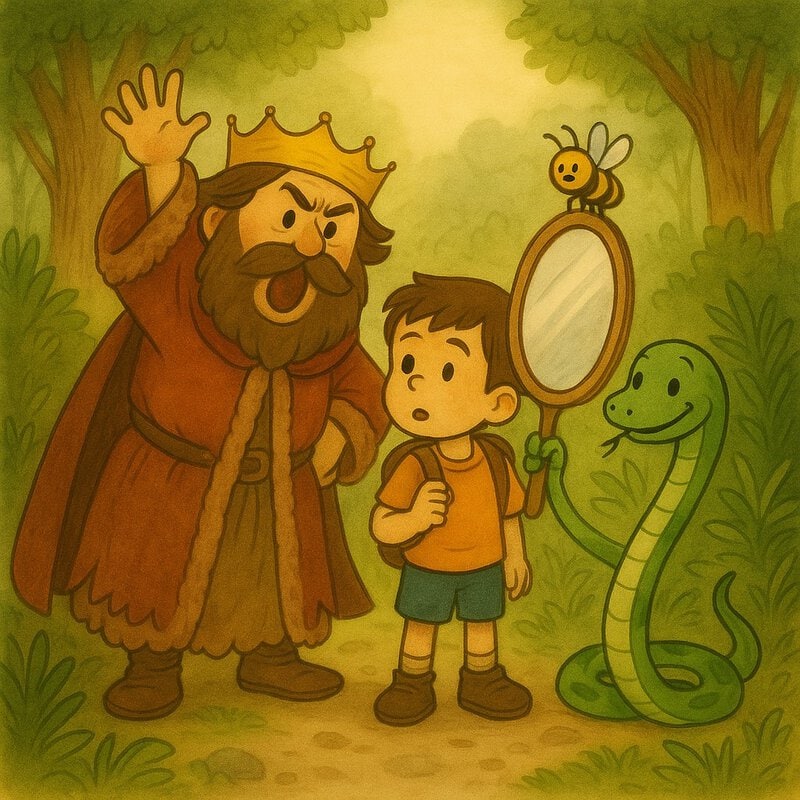 왕관을 쓰고 고풍스러운 옷을 입은 허풍왕이 나타나 말을 한다.