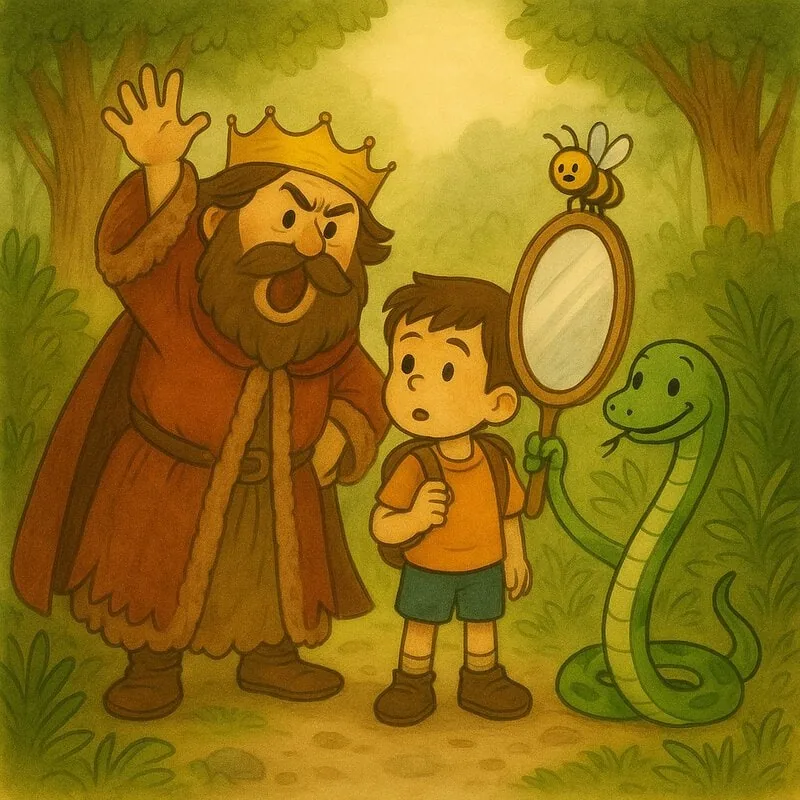 왕관을 쓰고 고풍스러운 옷을 입은 허풍왕이 나타나 말을 한다.