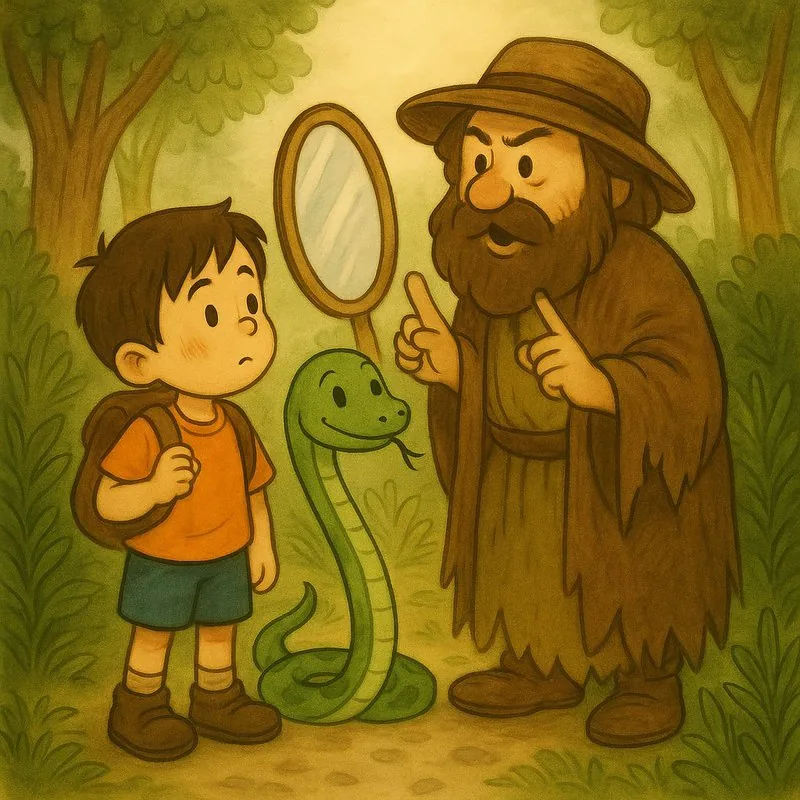 허름한 옷을 입고 있는 거울장수가 거울에 대해서 설명하고 있다.