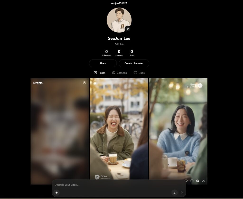 Sora의 홈 피드 화면에 O형 여성들의 동영상이 보인다.