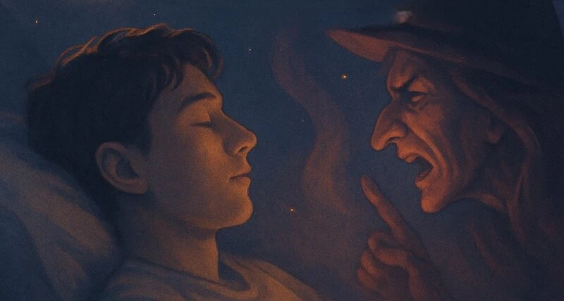 무언가를 강요하는 마녀와 자고 있는 남성의 모습.