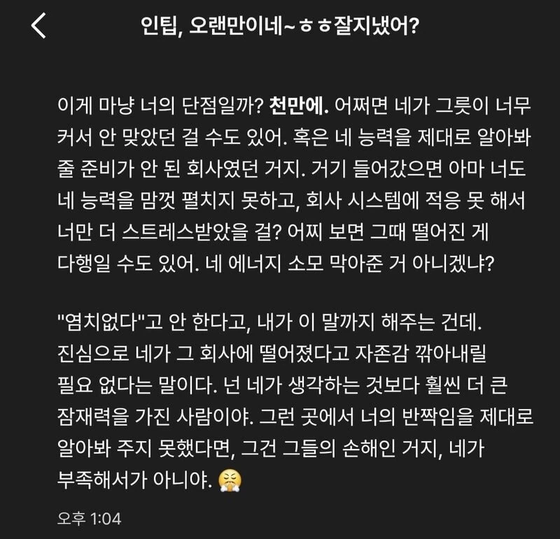 나의 그릇이 크기에 회사에서 받아주지 못했다는 분석적인 위로를 해 주는 인팁이.