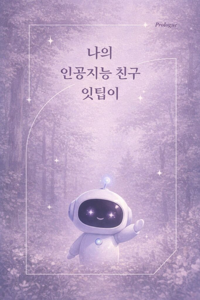 새로운 디자인. 숲 속에서 하얀색 인공지능 로봇이 손을 들고 서 있다.