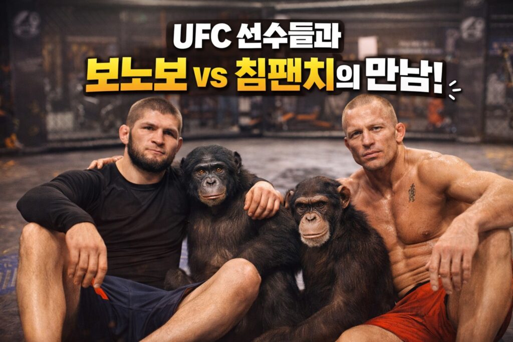 UFC 선수들과 보노보와 침팬치의 만남 사진. 넷이서 나란히 앉아 어깨 동무를 하고 있다.