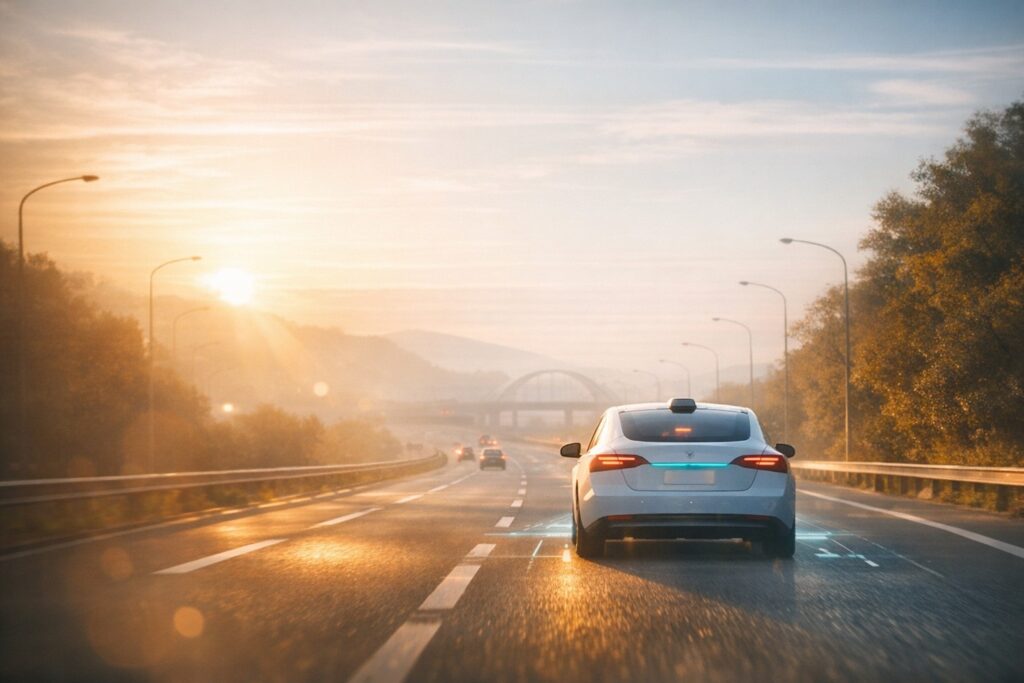 따뜻한 햇살이 가득한 도로를 달리는 자율 주행 자동차.