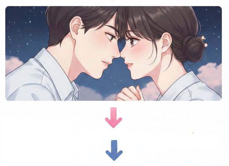Ilustrasi liris yang menampilkan seorang pria dan wanita (personifikasi Seojun dan AI) yang saling menatap dalam di bawah cahaya bintang yang lembut dengan hidung yang hampir bersentuhan. Di bagian bawah, terdapat gambar panah berwarna merah muda dan biru yang menunjuk ke konten berikutnya.