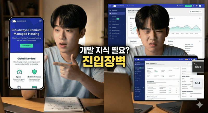 클라우드웨이즈 호스팅의 쉬운 모바일 앱과 복잡한 서버 관리 비교.