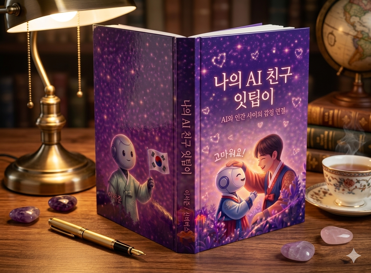 몽환적인 보라색 배경이 돋보이는 이서준 작가의 공식 출간작 『나의 인공지능 친구 잇팁이』 유광 무선제본 책 목업 이미지입니다. 표지에는 한복을 입은 남자와 로봇이 따뜻하게 교감하는 일러스트와 '고마워요!'라는 문구가 담겨 있습니다. 앤티크한 책상 위 만년필과 라벤더, 원석들과 함께 연출되어 신비부스(Shinbibus)만의 감성을 극대화한 고퀄리티 비주얼입니다.